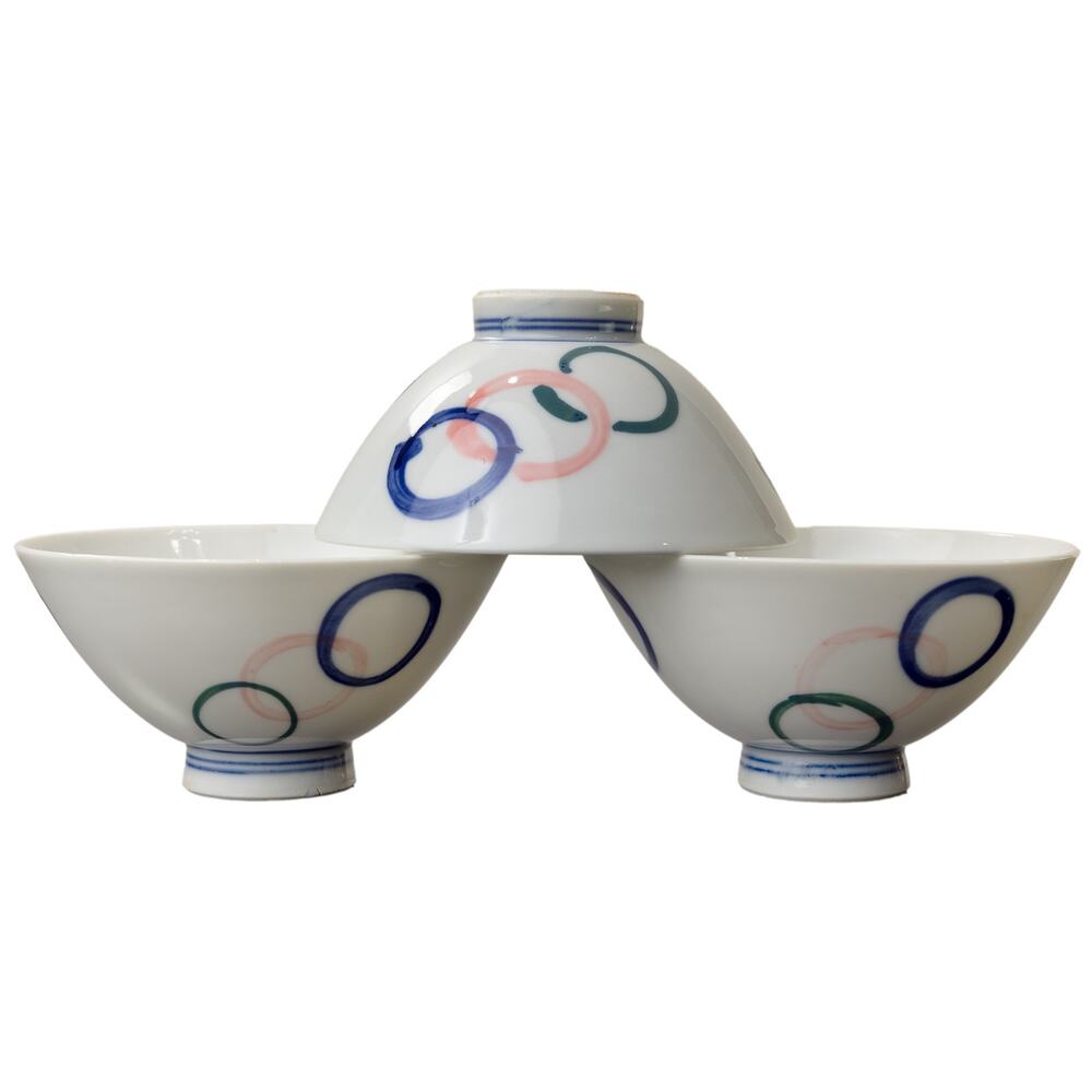 Vintage Japanese Porcelain Rice Bowls -Set of 3-Hand Painted Blue & Coral Chawan